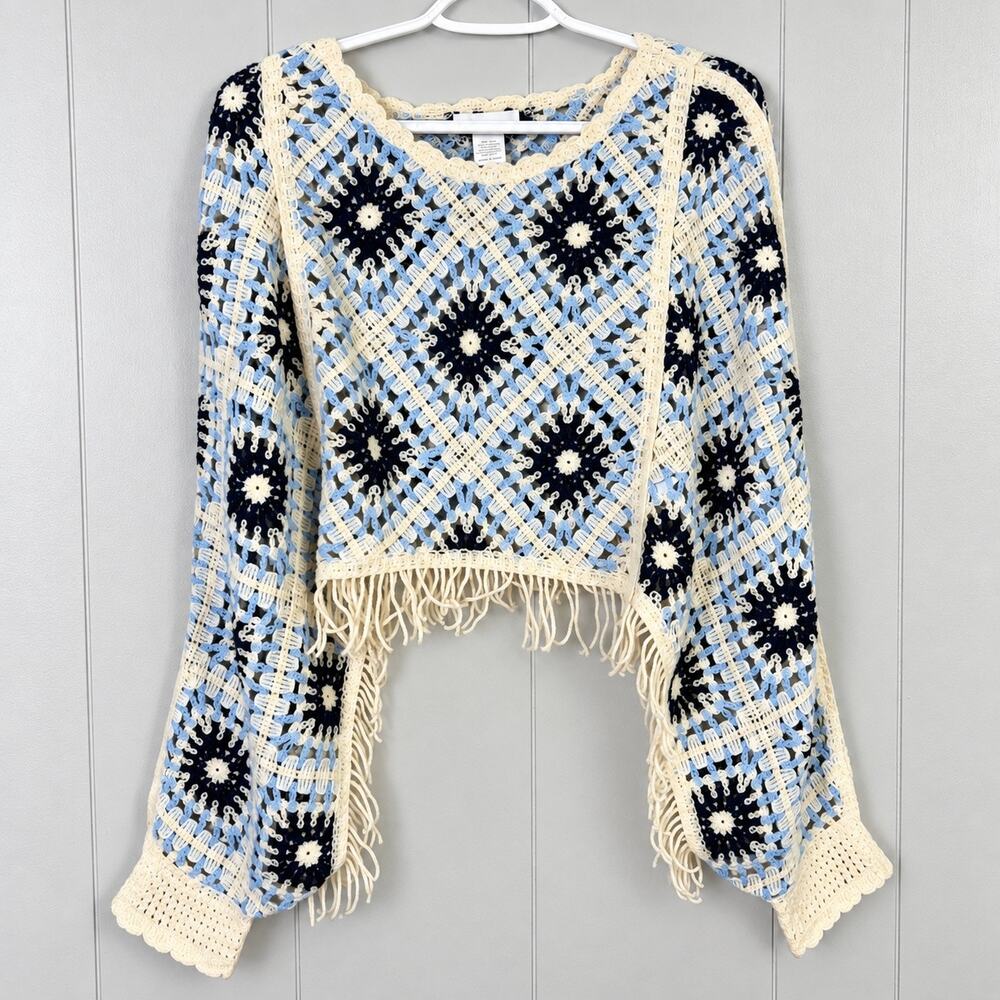 Crochet Granny Square Fringe Shrug House of Harlow Blue Cream One Size